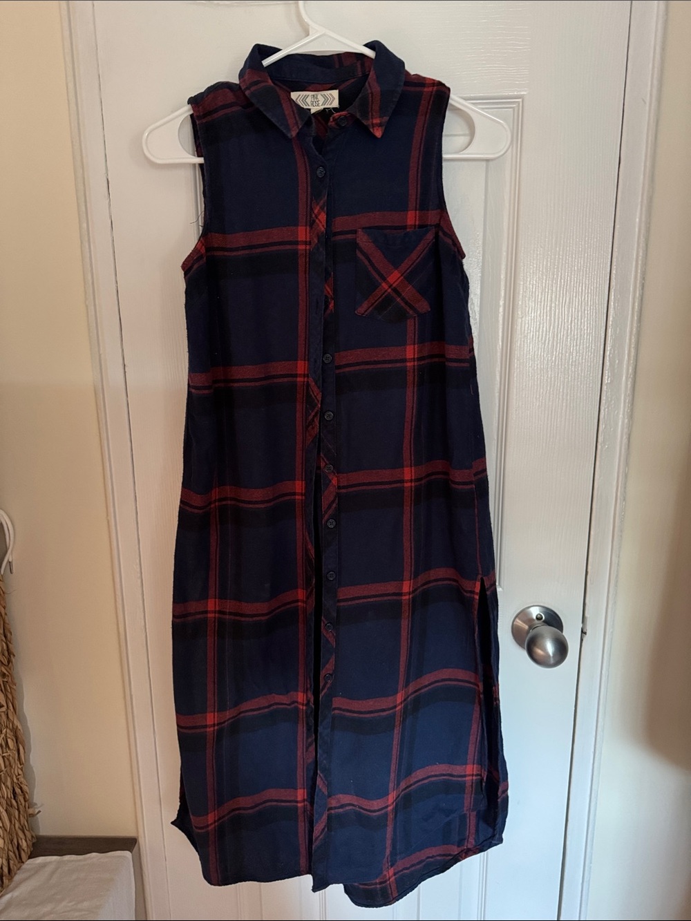Pink Rose Navy and Red Plaid Sleeveless Shirt Dress